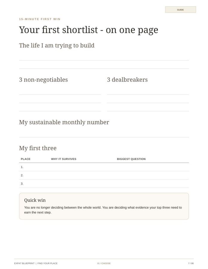 The first shortlist worksheet