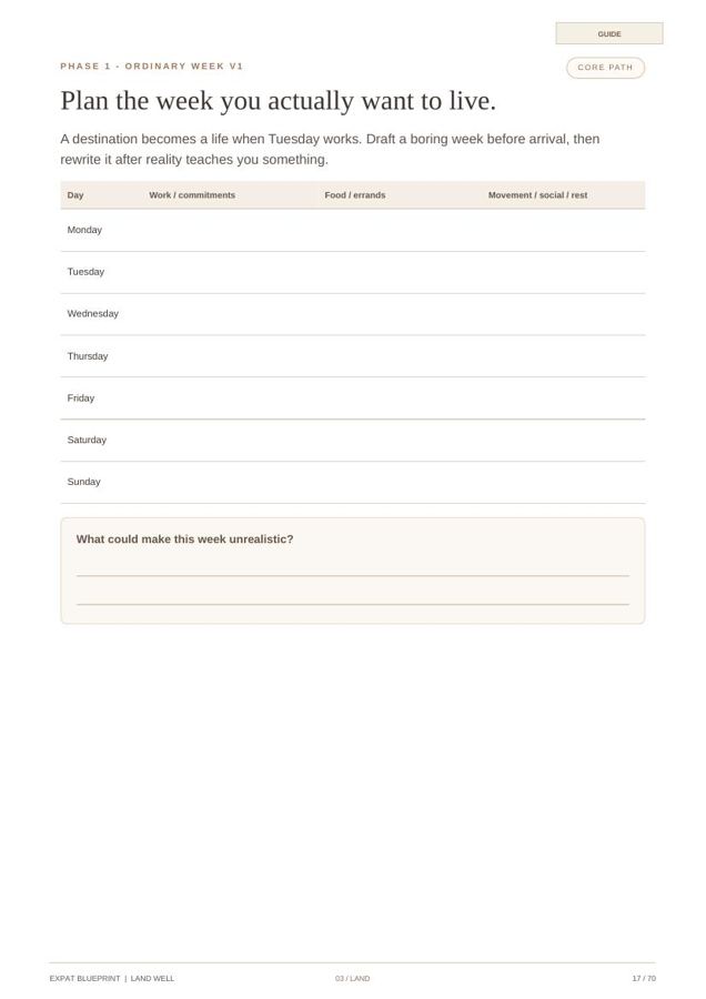 The Ordinary Week V1 worksheet