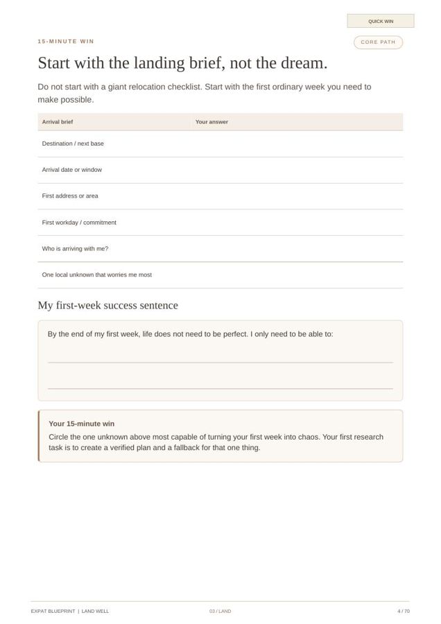 The landing brief page from Land Well