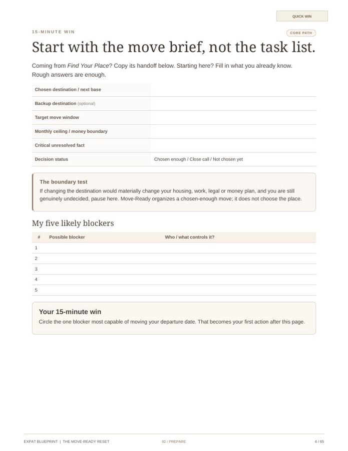 The 15-minute move brief page